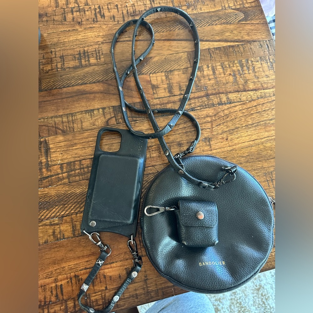 Bandolier bundle for iPhone 11 Pro, Hailey studded, with iPod 2 case, and bag.